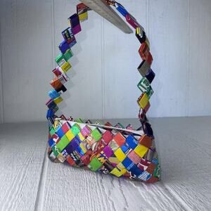 Recycled Candy Wrapper Handbag Womens Small Multicolor Woven Purse Zip‎ Top